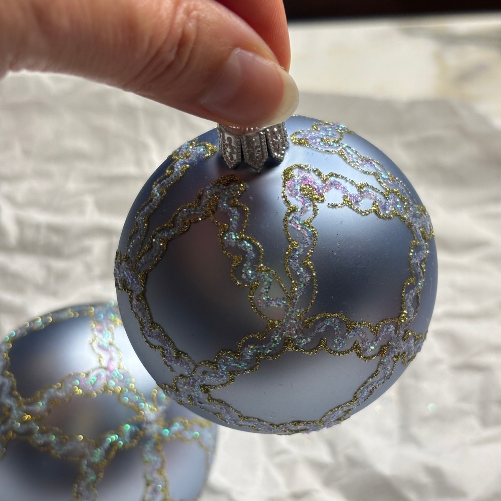 Crate&Barrel Christmas Ornaments Silverish Blue Glitter Trellis Set of 2 - Picture 5 of 9